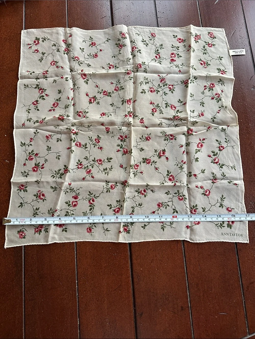 Ann Taylor Cream 💯 Silk Scarf with Pink Rose Vine Print